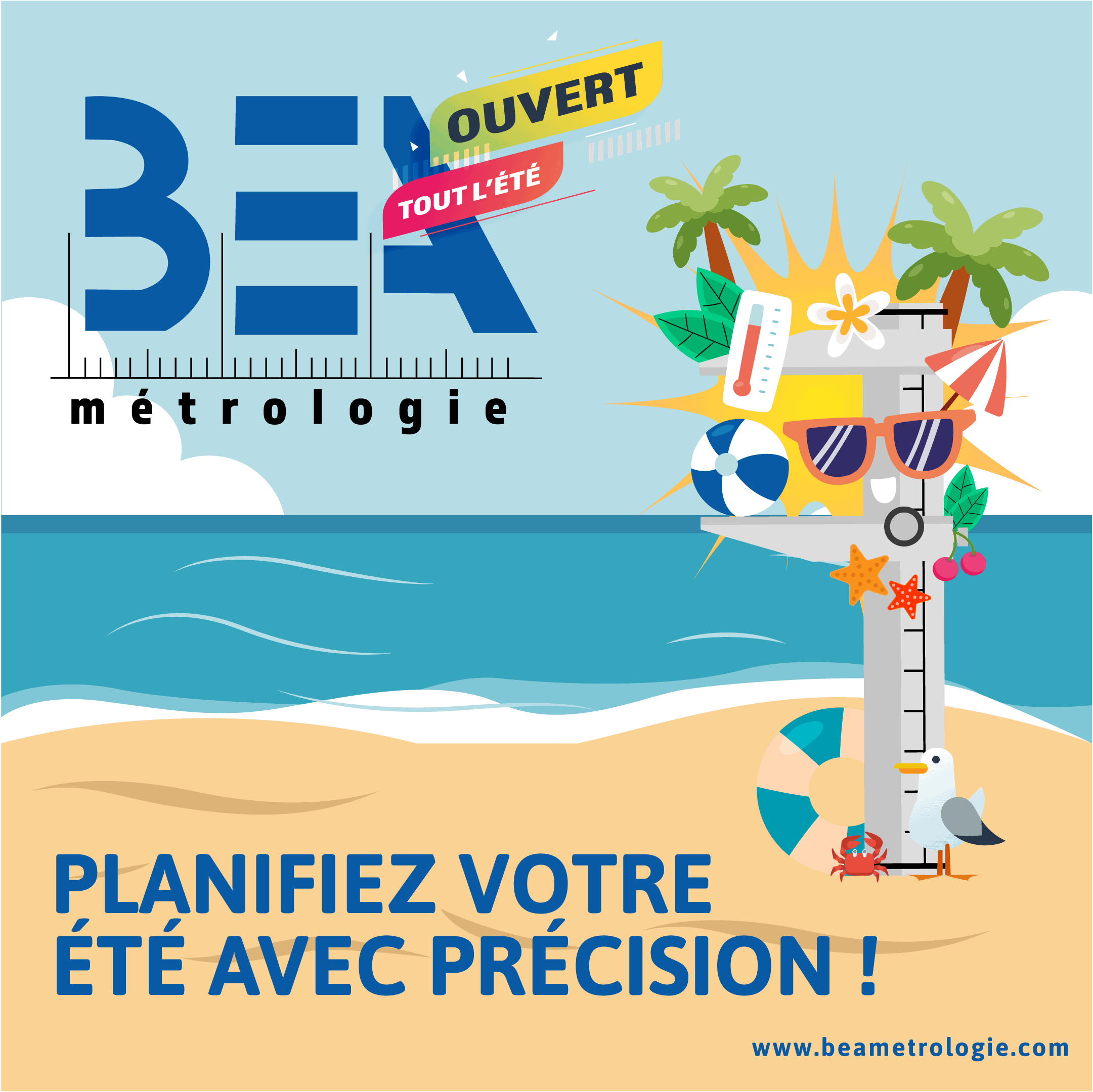 illustration plage logo bea pied à coulisse souriant planté dans le sable 